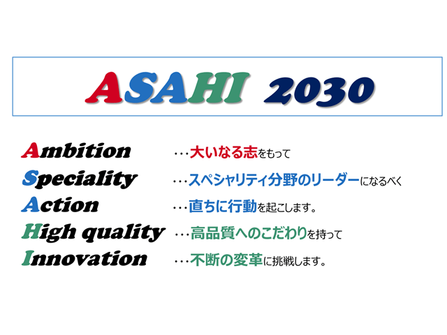 ASAHI 2030プロジェクト。Ambition…大いなる志をもって、Speciality…スペシャリティー分野のリーダーになるべく、Action…直ちに行動を起こします。High quality…高品質へのこだわりを持って、Innovation…不断の変革に挑戦します。